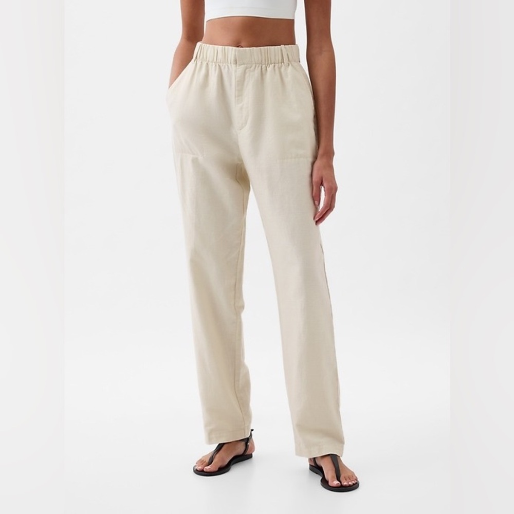 GAP High Rise Linen-Cotton Pull-On Pants (Off White)